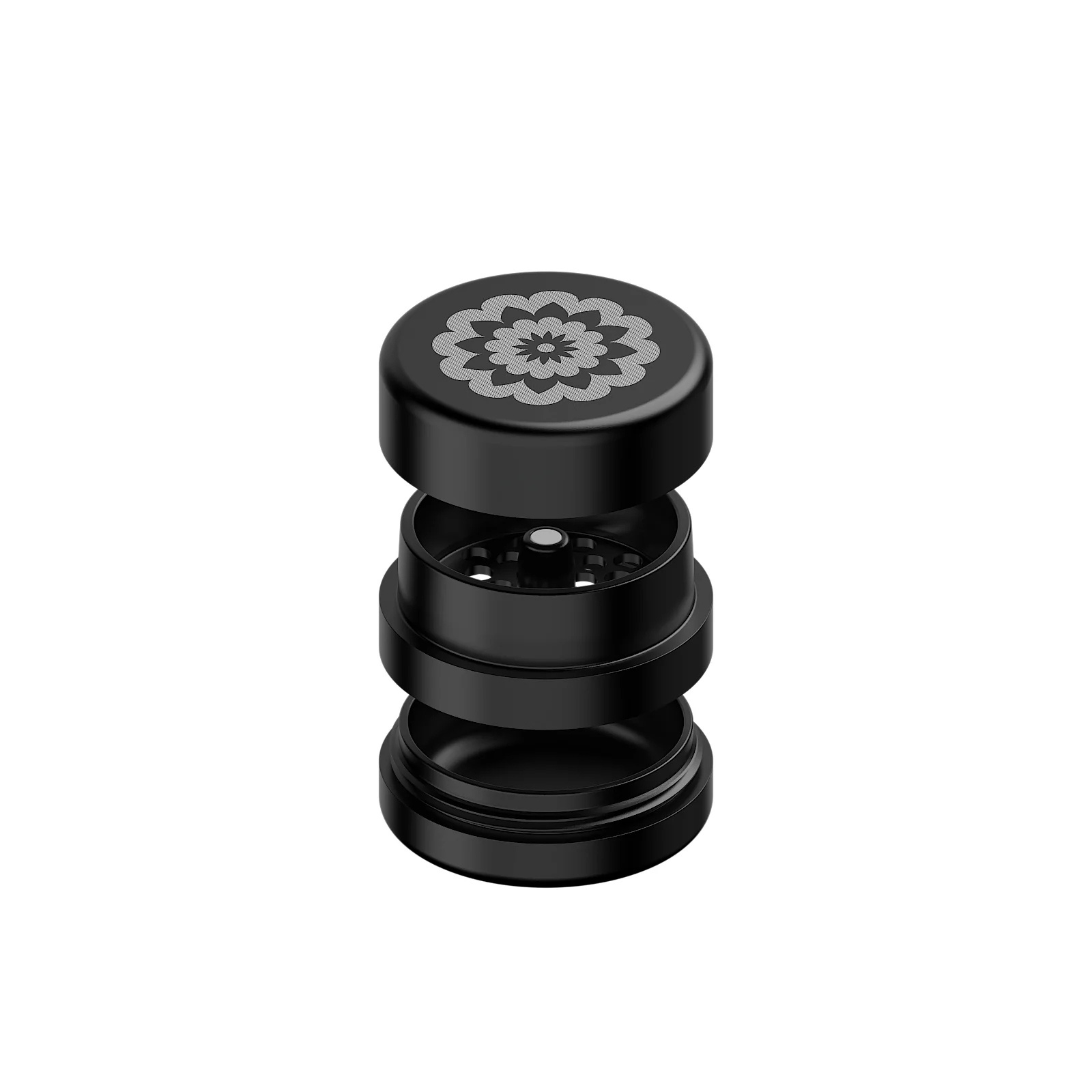 FlowerMill Grinder 51mm Schwarz alle Teile offen auseinandergelegt