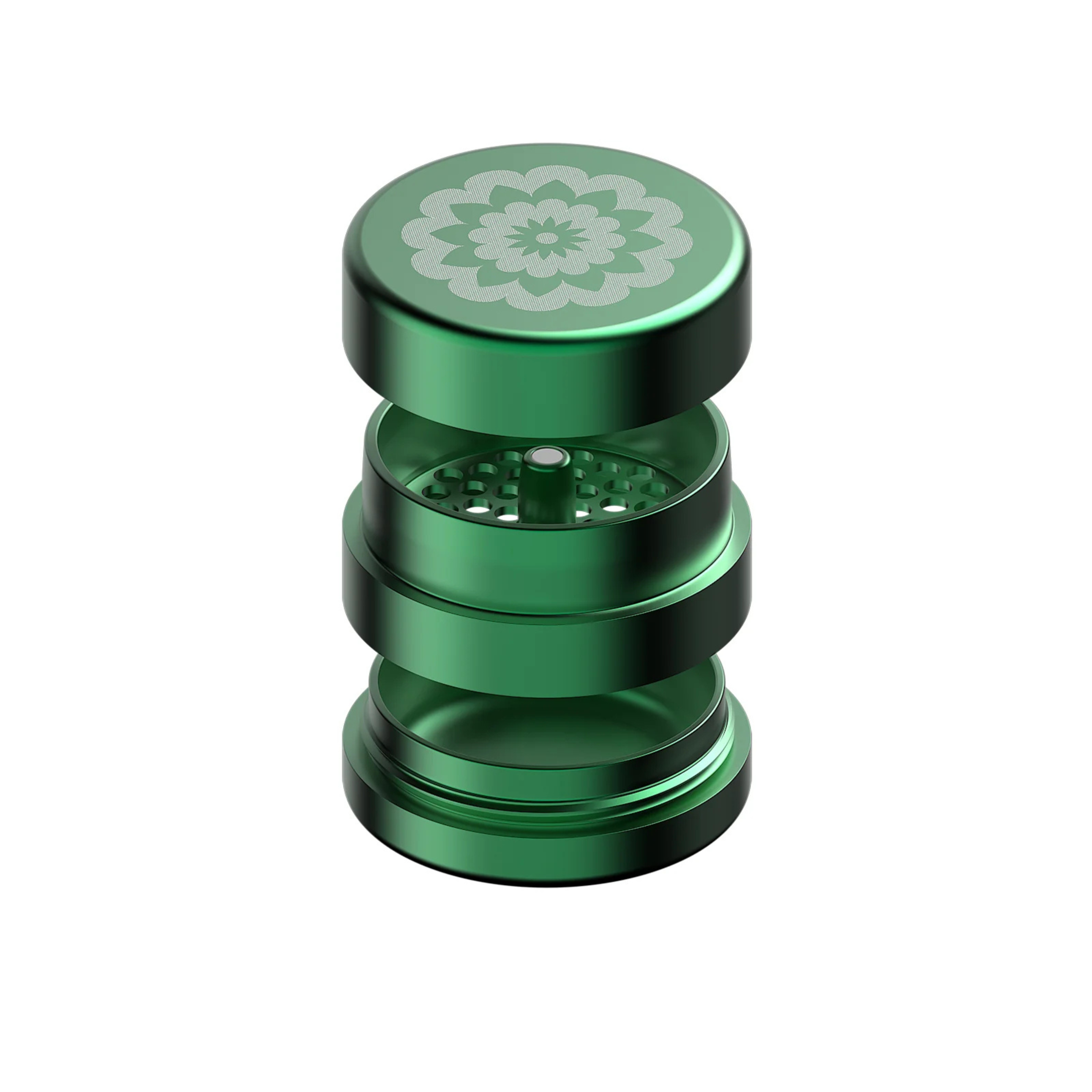 FlowerMill Grinder 64mm Grün alle Teile offen auseinandergelegt