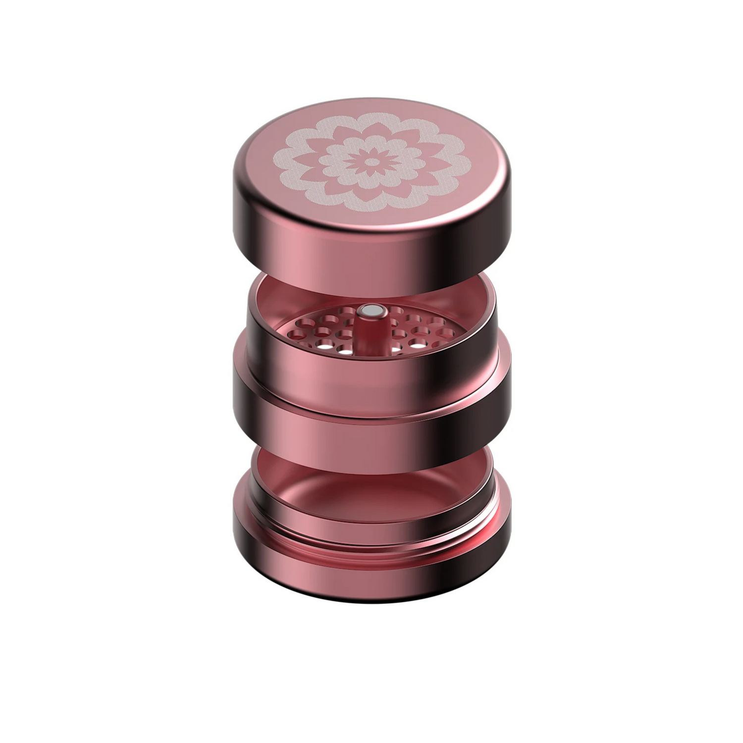 FlowerMill Grinder 64mm Pink alle Teile offen auseinandergelegt