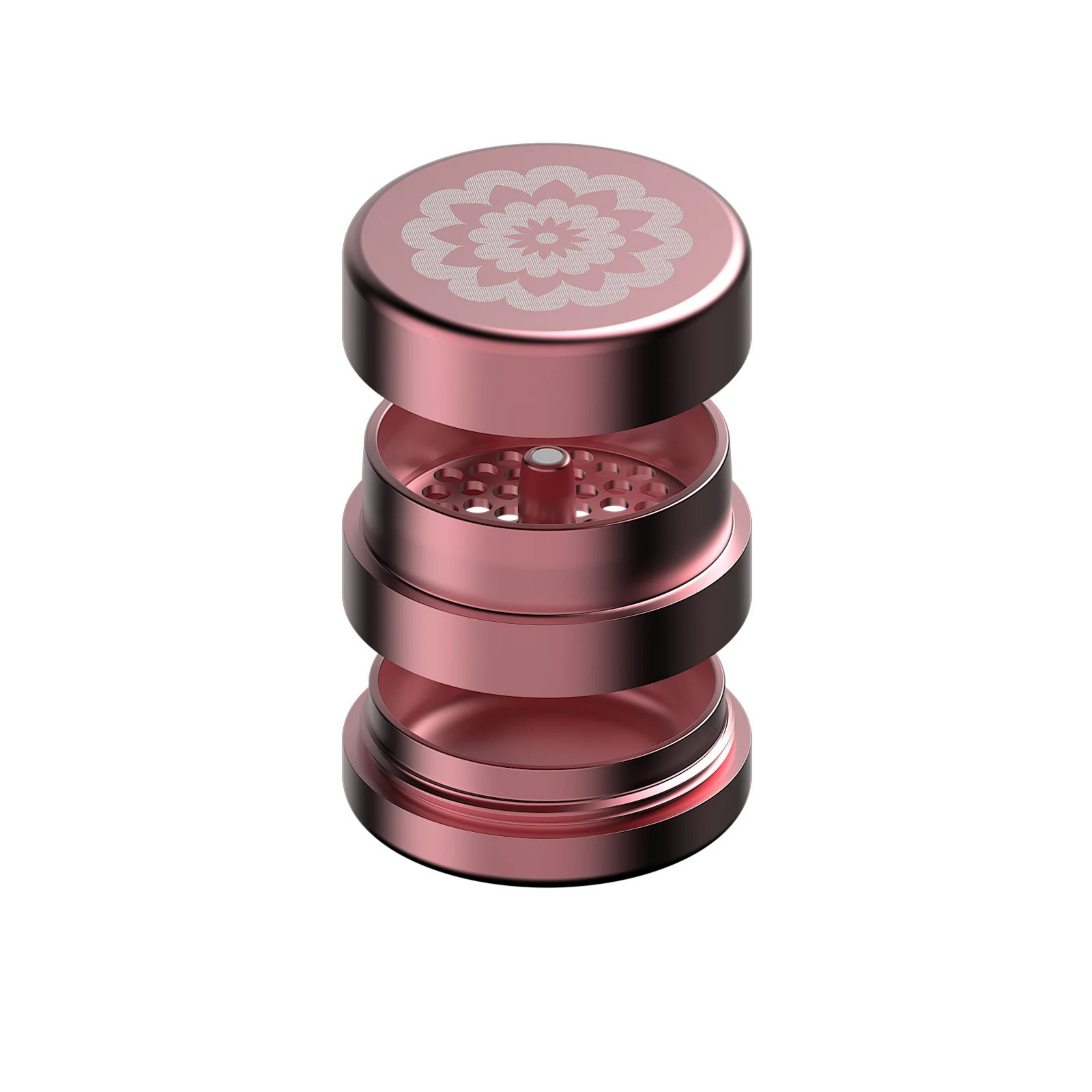 FlowerMill Grinder 64mm Pink alle Teile offen auseinandergelegt