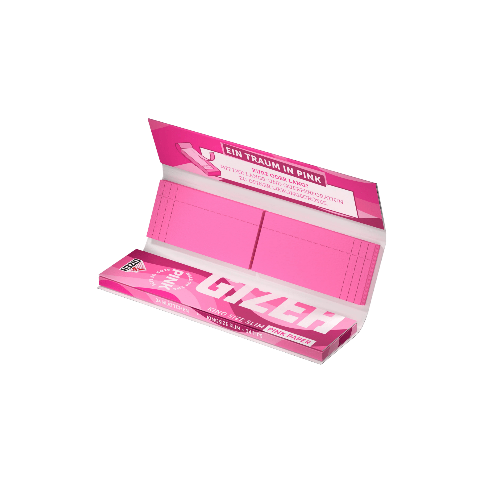 Aufgeklapptes GIZEH Pink King Size Slim + Tips Heft mit 34 Pink Papers und 34 Tips