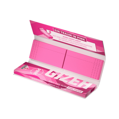 Aufgeklapptes GIZEH Pink King Size Slim + Tips Heft mit 34 Pink Papers und 34 Tips