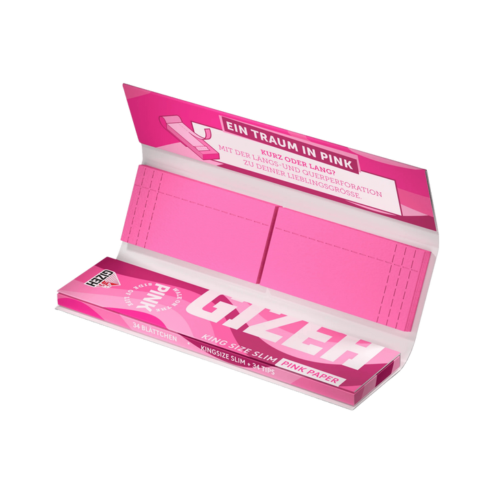 Aufgeklapptes GIZEH Pink King Size Slim + Tips Heft mit 34 Pink Papers und 34 Tips