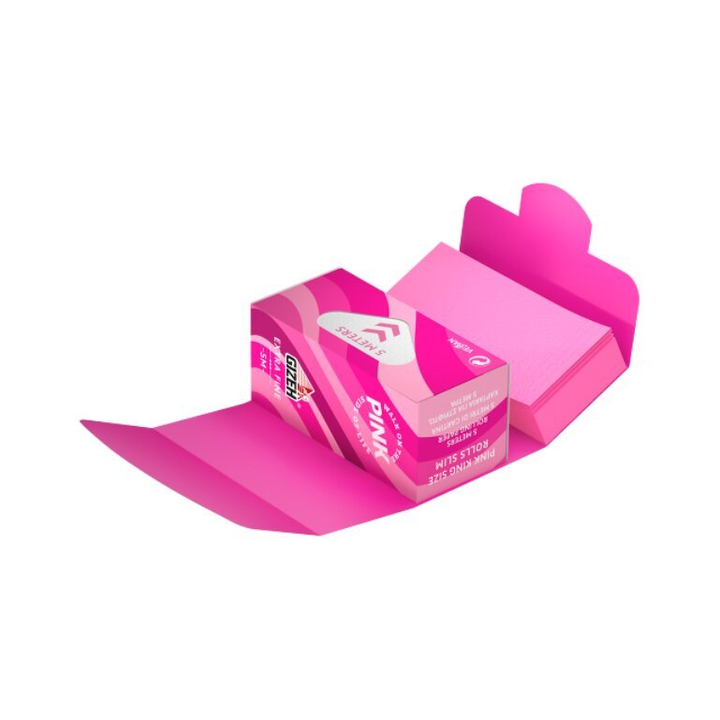Geöffnete GIZEH Pink Rolls Slim + Tips 5 m Box mit Rollpapier und Filtertips