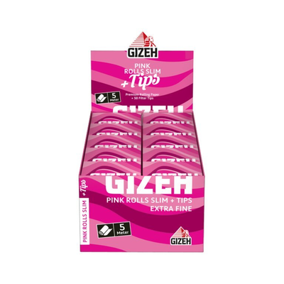 Display mit 20 Packungen GIZEH Pink Rolls Slim + Tips 5 m