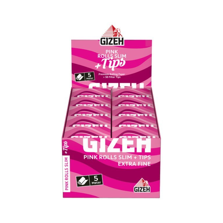 Display mit 20 Packungen GIZEH Pink Rolls Slim + Tips 5 m