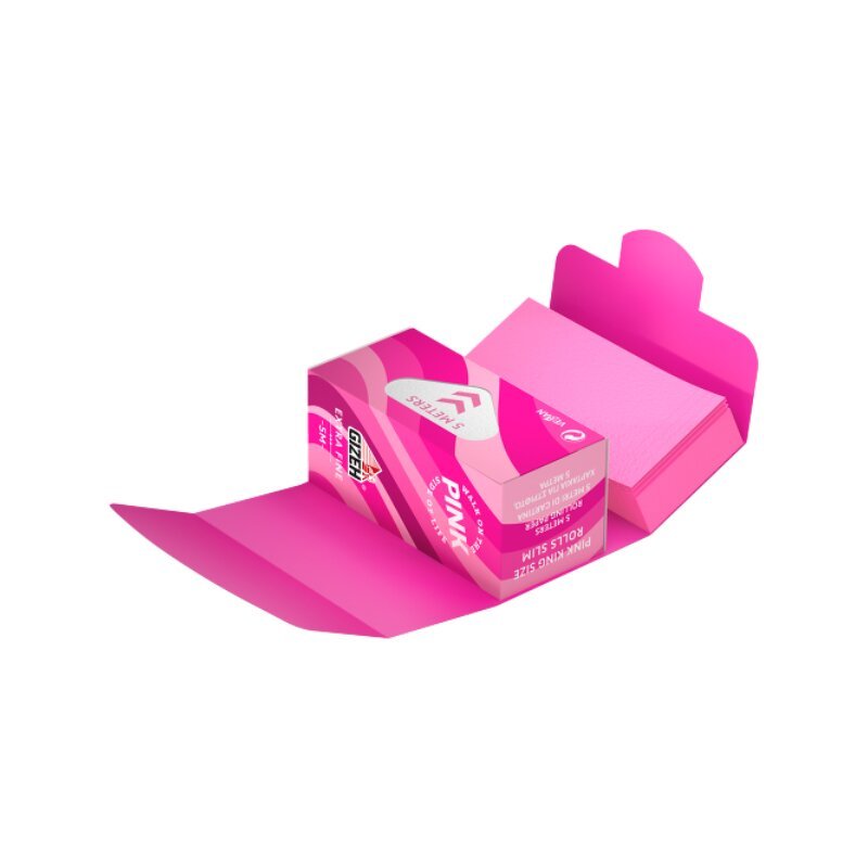 Geöffnete GIZEH Pink Rolls Slim + Tips 5 m Box mit Rollpapier und Filtertips