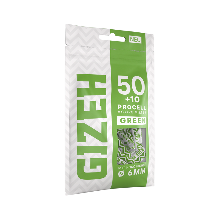 Ein Beutel GIZEH ProCell Green 6mm Active Filter mit 50 Aktivkohlefiltern