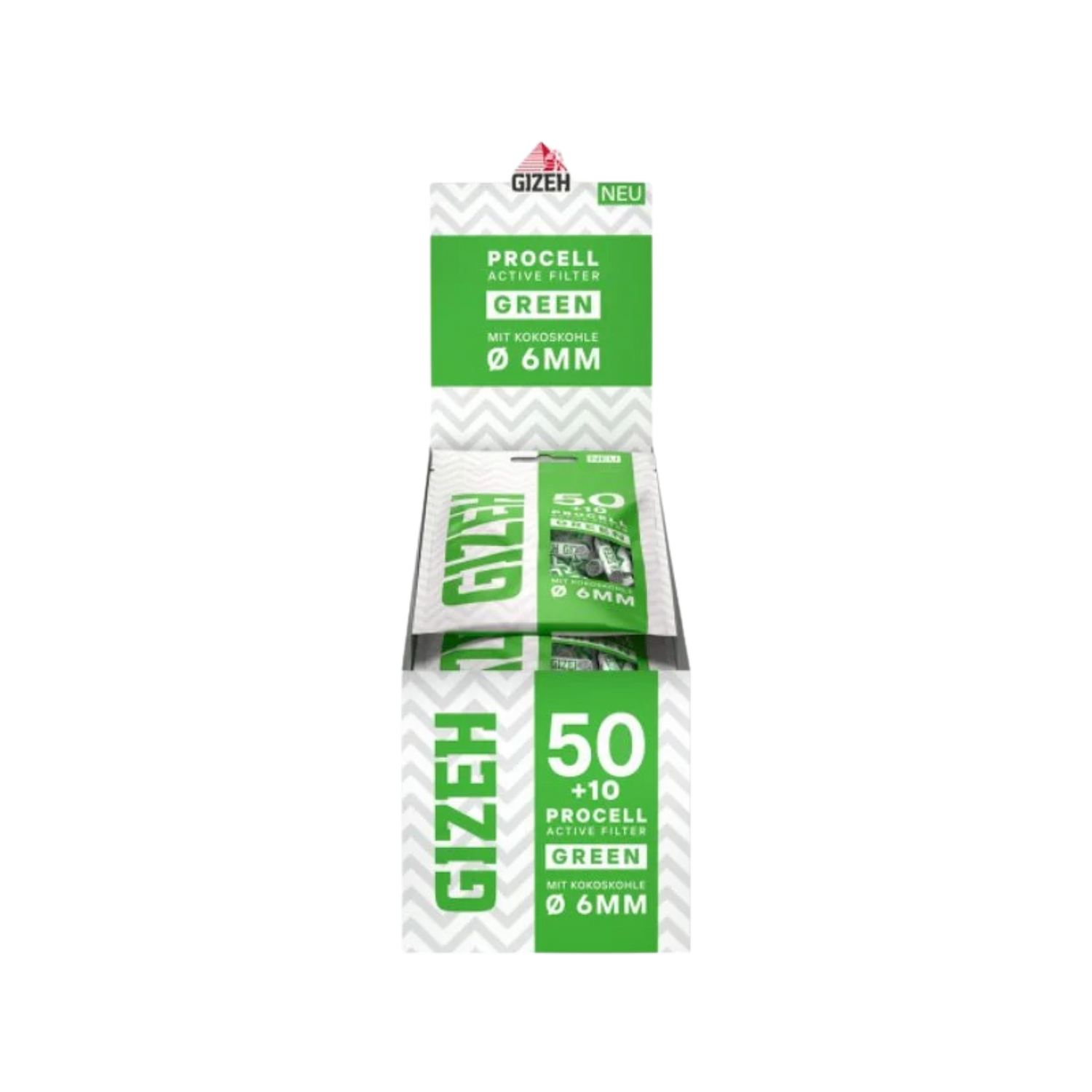 Display mit 10 Beuteln GIZEH ProCell Green 6mm Aktivkohlefilter à 50 Stück