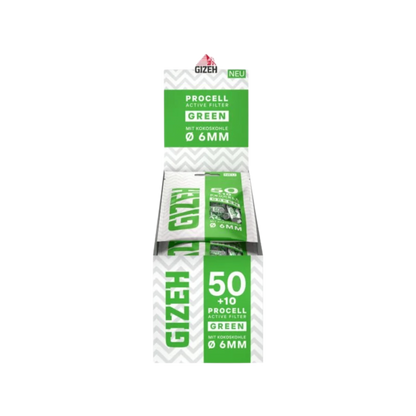 Display mit 10 Beuteln GIZEH ProCell Green 6mm Aktivkohlefilter à 50 Stück