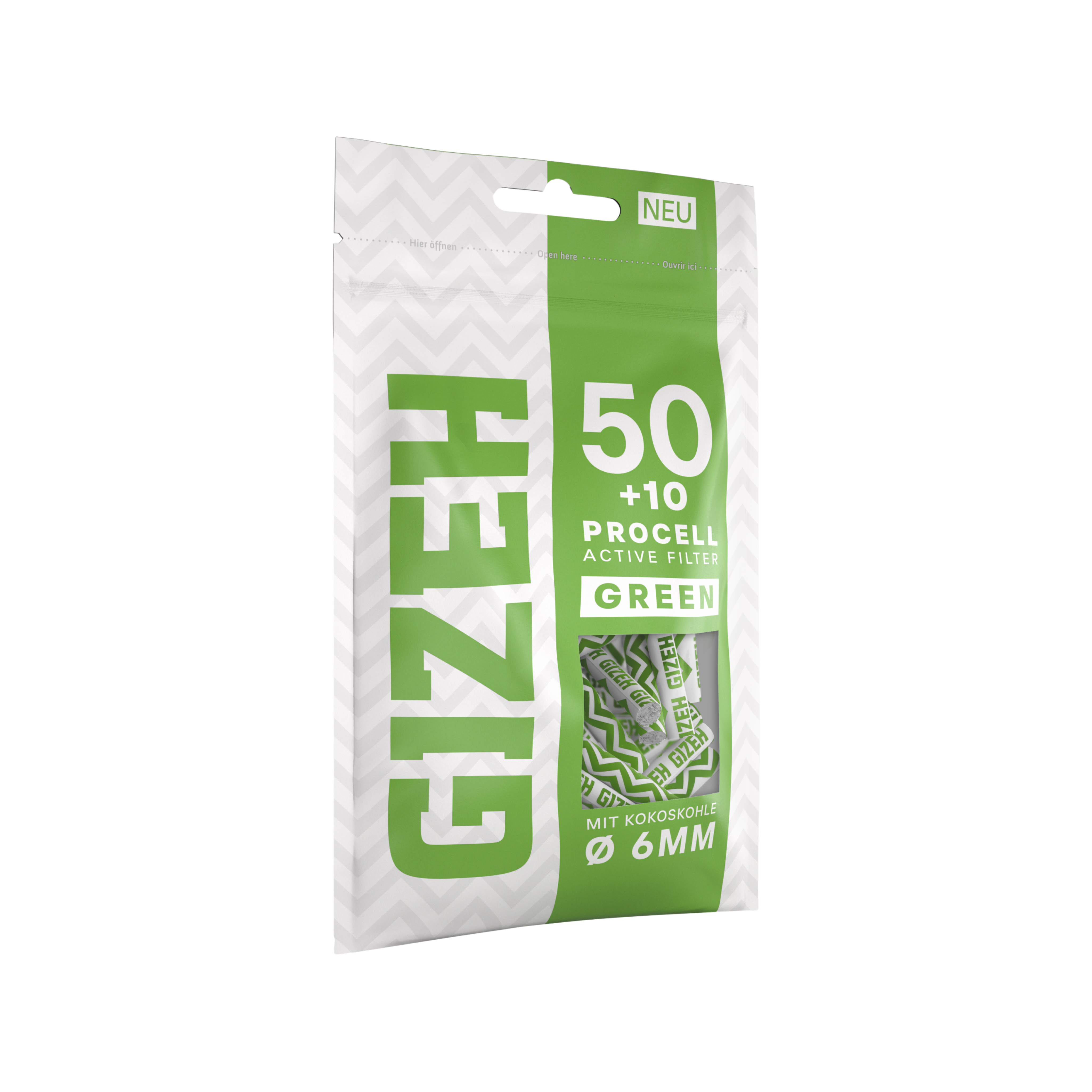 Ein Beutel GIZEH ProCell Green 6mm Active Filter mit 50 Aktivkohlefiltern