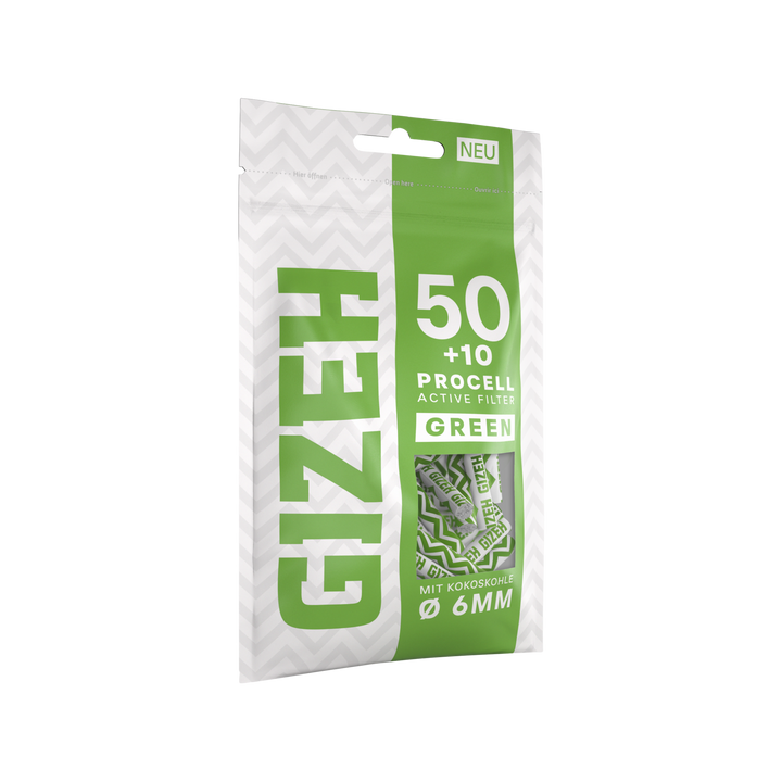 Ein Beutel GIZEH ProCell Green 6mm Active Filter mit 50 Aktivkohlefiltern