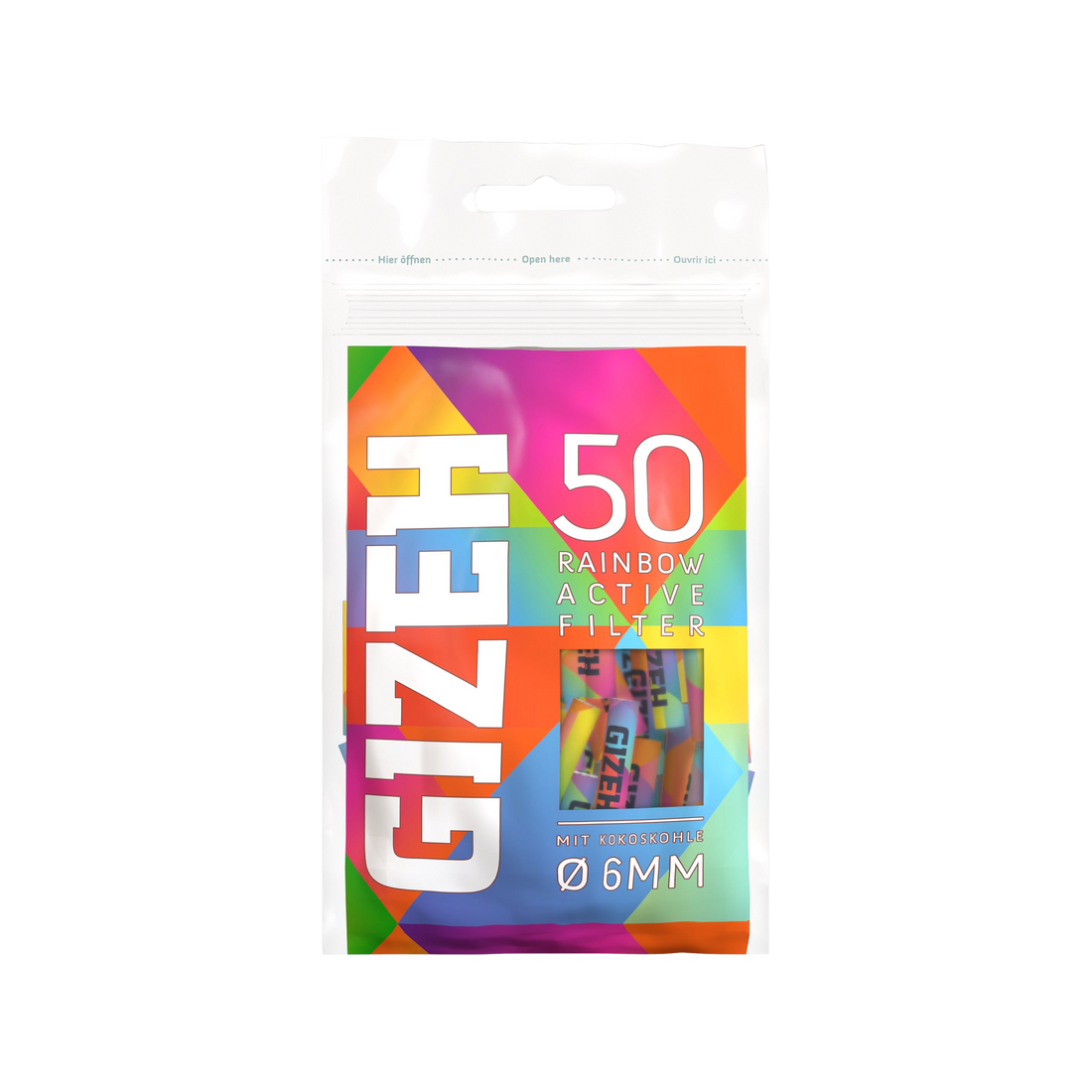 GIZEH Rainbow Active Aktivkohlefilter 6 mm 50 Stück Beutel