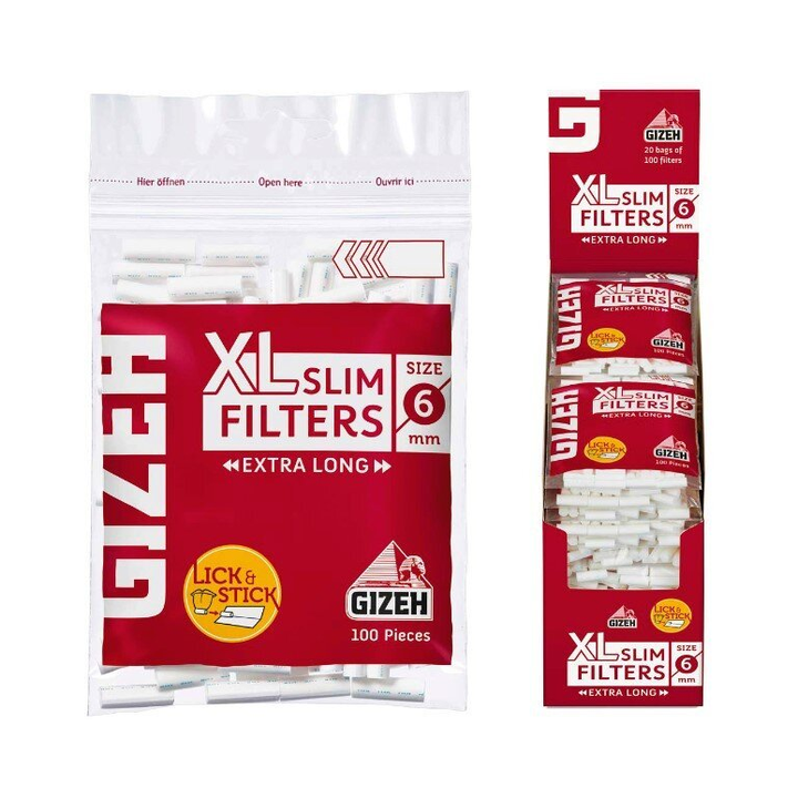 Display mit 20 Beuteln GIZEH XL Slim Filter 6mm extra lang