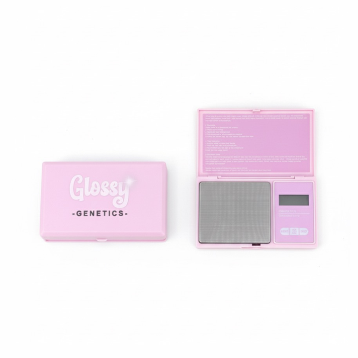 Glossy Genetics digitale Feinwaage in Pink auf Tisch