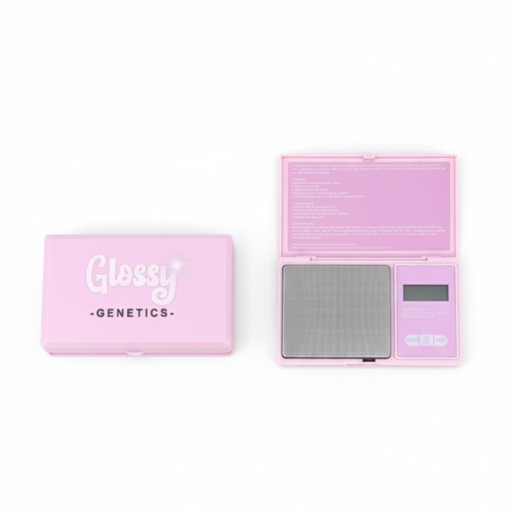 Glossy Genetics digitale Feinwaage in Pink auf Tisch