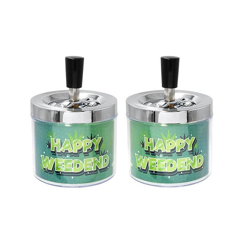 Drehaschenbecher Happy Weedend aus Metall mit Drehdeckel