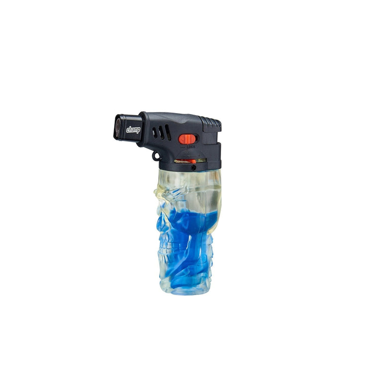 Blaues Champ Skull Feuerzeug mit farbigem Gas