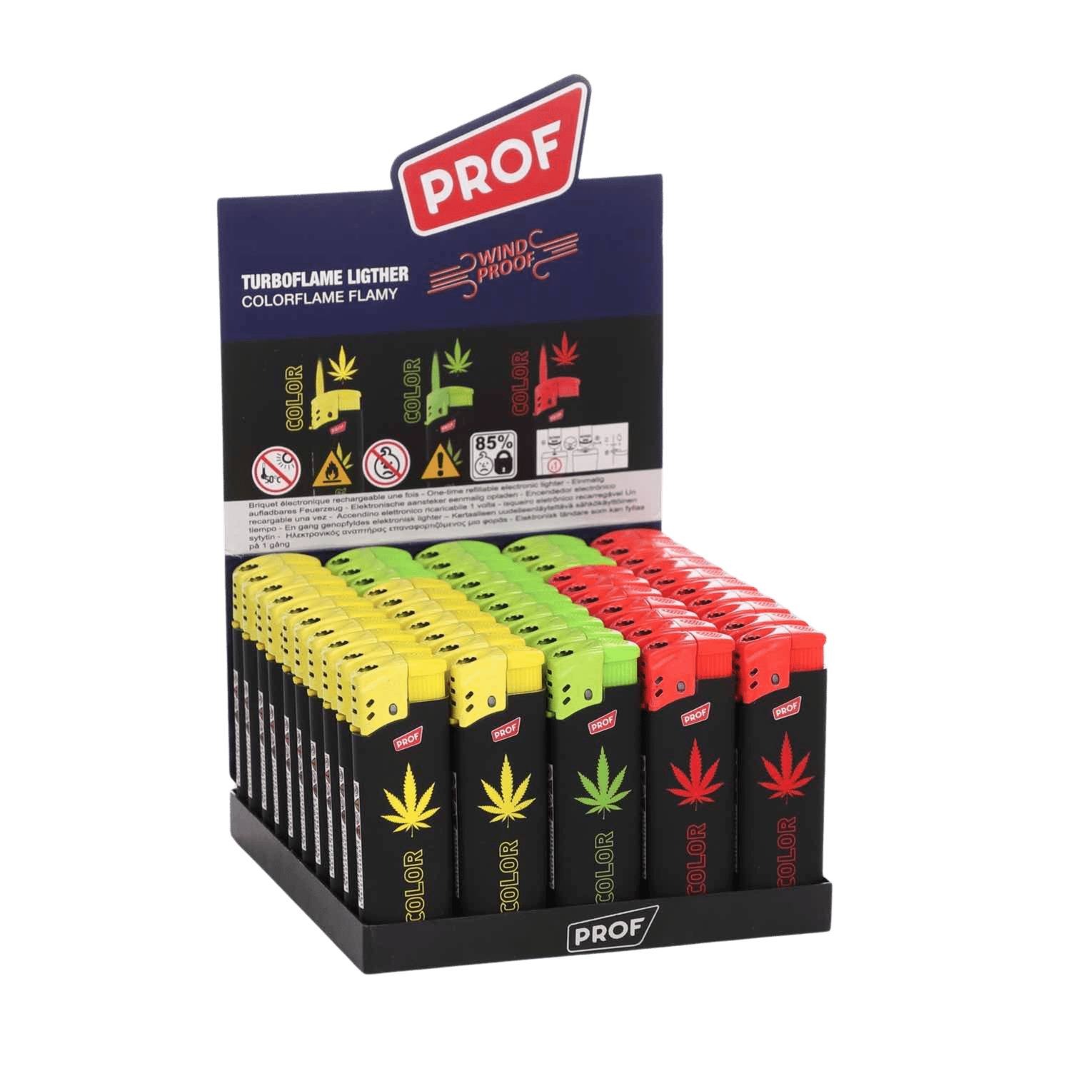 Hemp Leaf Turboflame Display mit ca. 50 Multicolor-Feuerzeugen