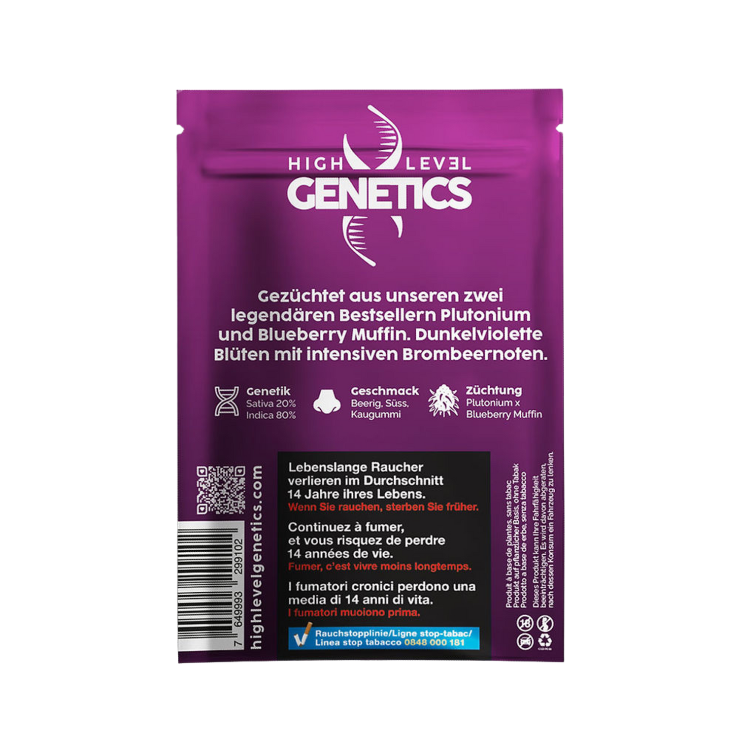 Rückseite Plush Berry 2g mit CBD- und THC-Werten