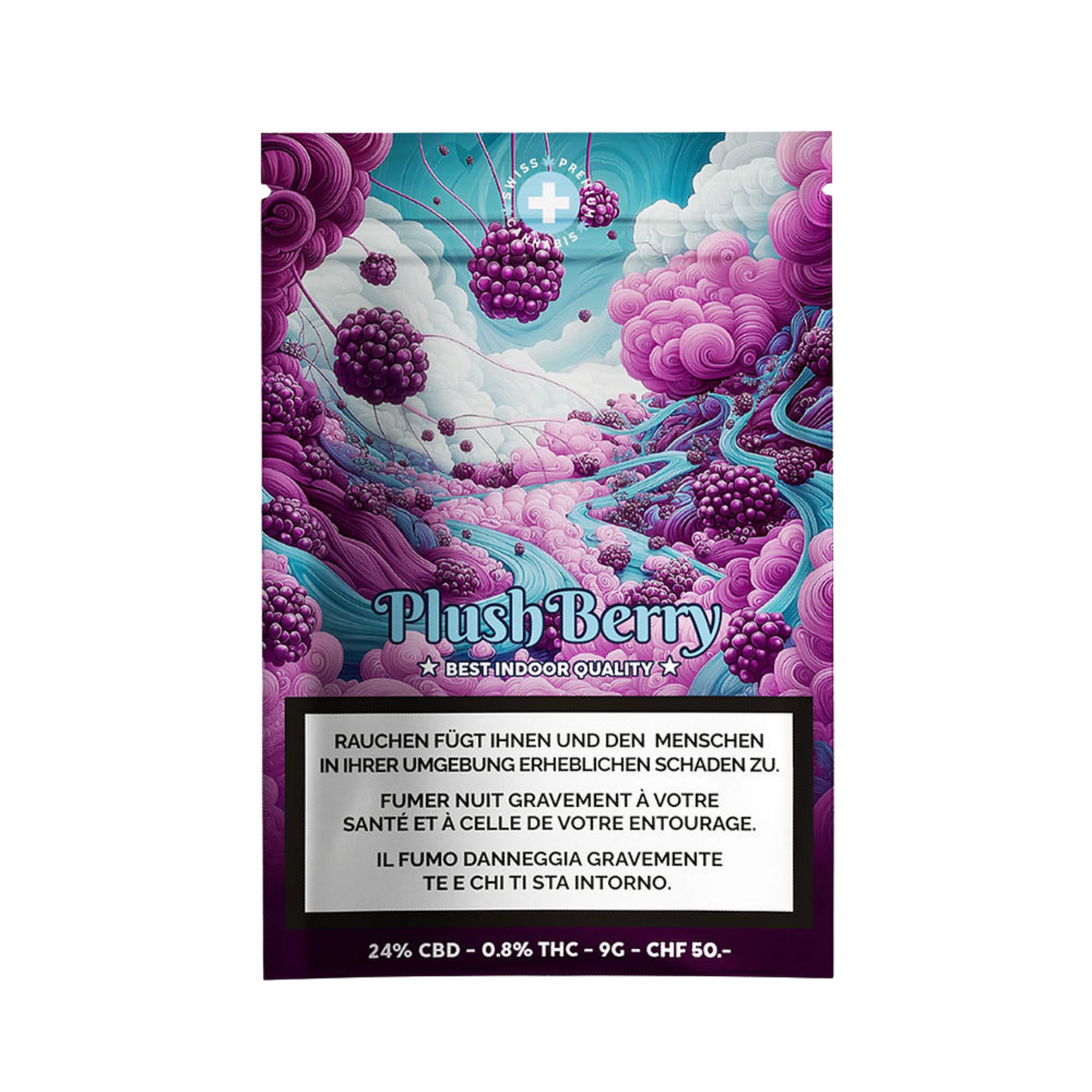 High Level Genetics Plush Berry Indoor CBD Blüten 9g Packung