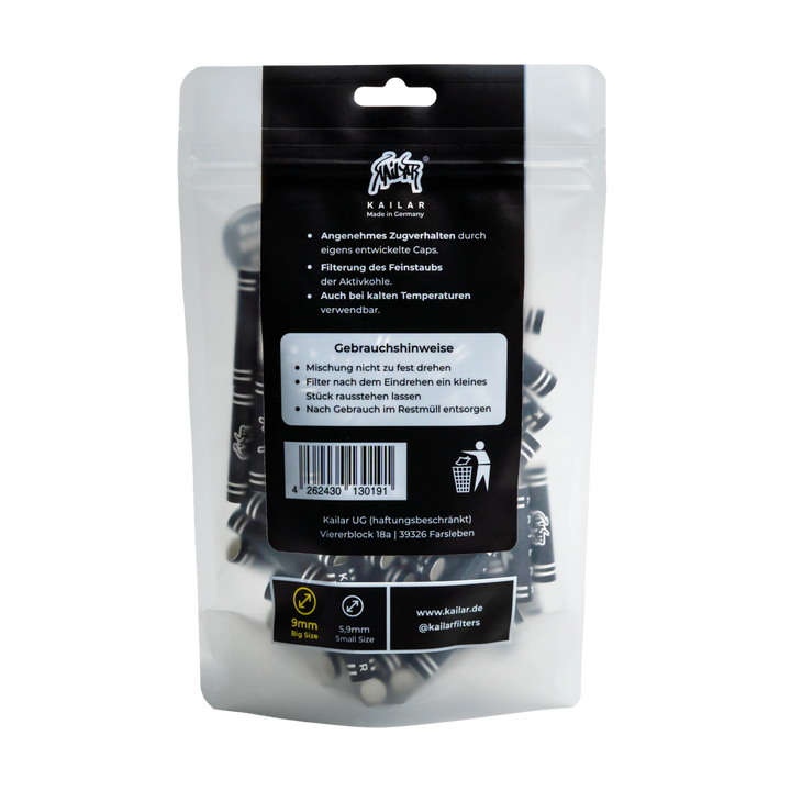 Rückseite der Kailar 9 mm Aktivkohlefilter Black 100er Packung
