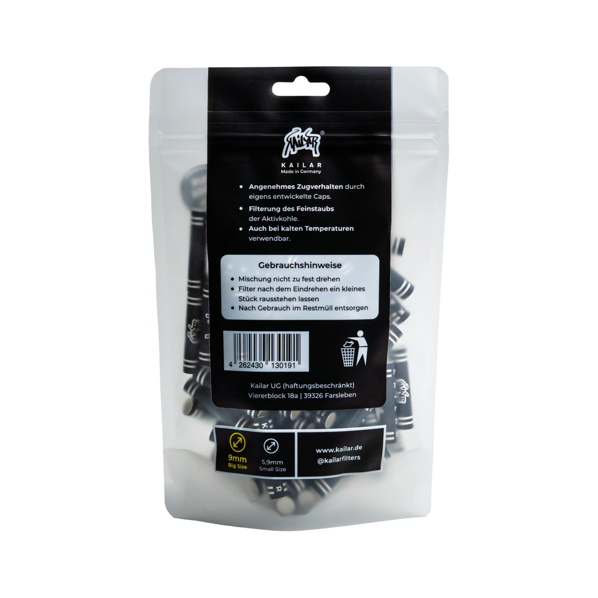 Rückseite der Kailar 9 mm Aktivkohlefilter Black 100er Packung