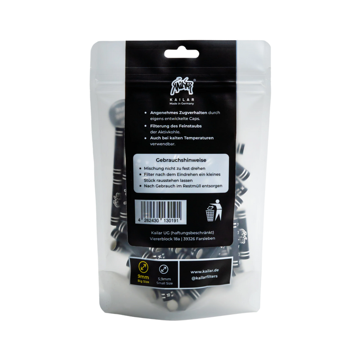Rückseite der Kailar 9 mm Aktivkohlefilter Black 100er Packung