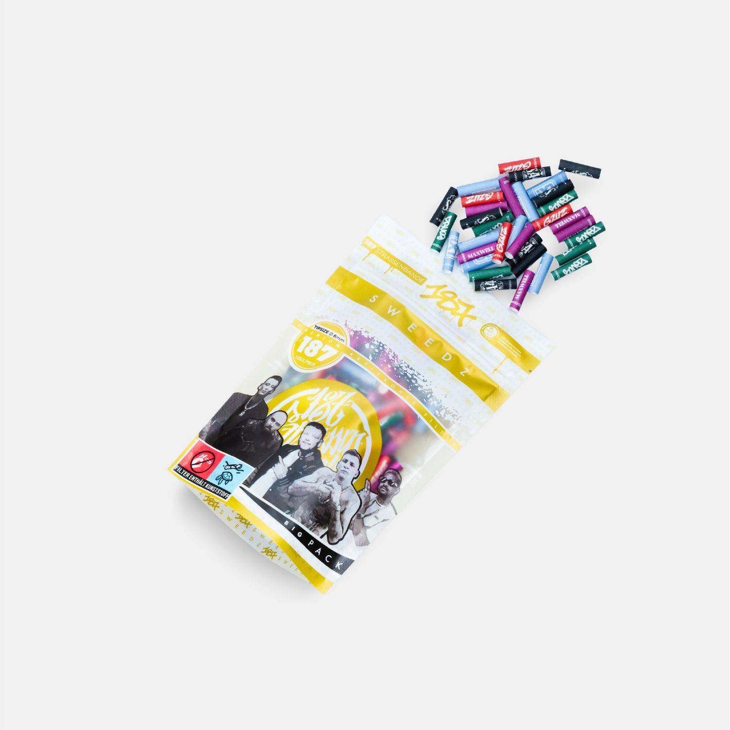 Geöffnete MedusaFilters 187er Crew Packung mit sichtbaren 6 mm Aktivkohlefiltern