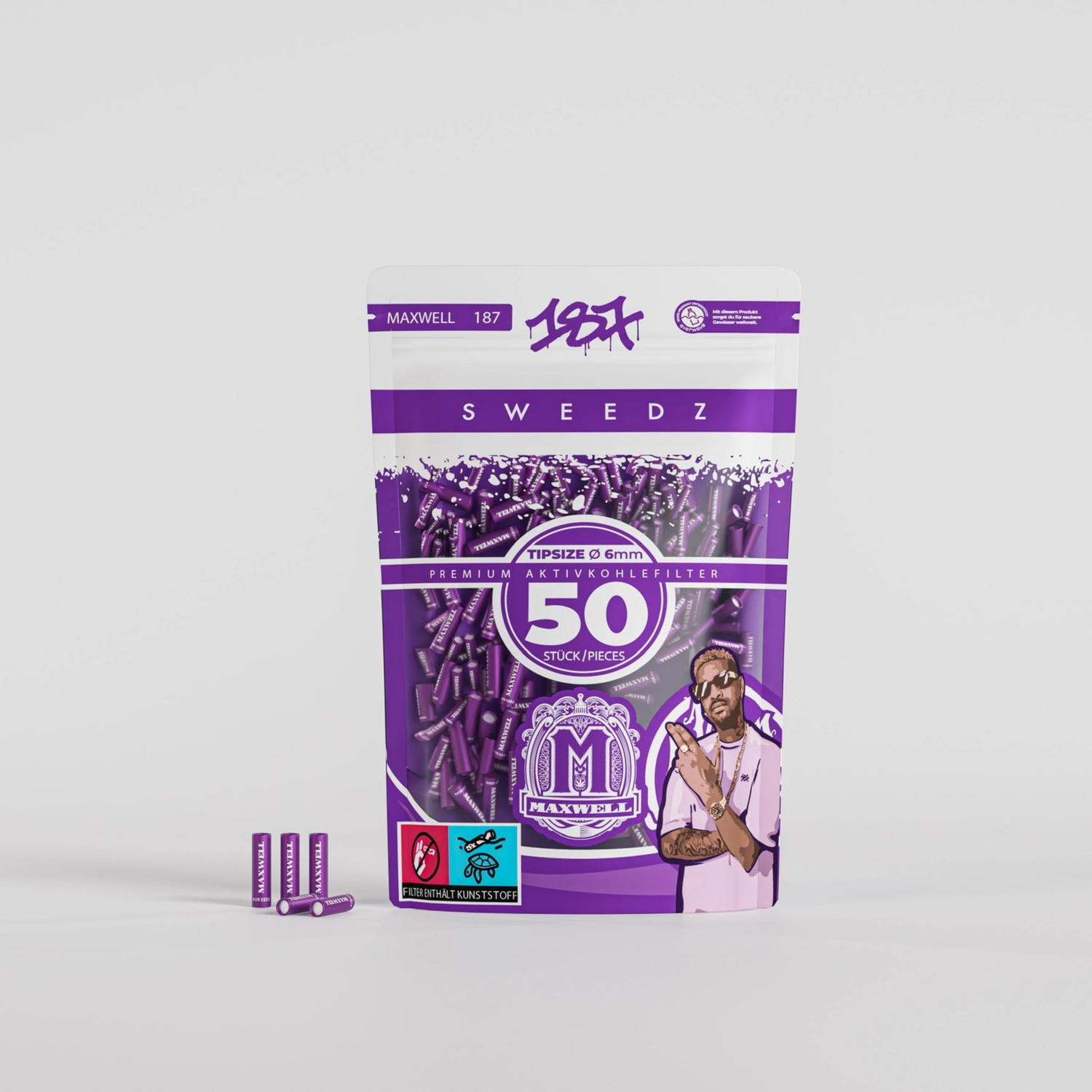 MedusaFilters x 187 MAXWELL Aktivkohlefilter 6 mm 50er Pack Vorderansicht