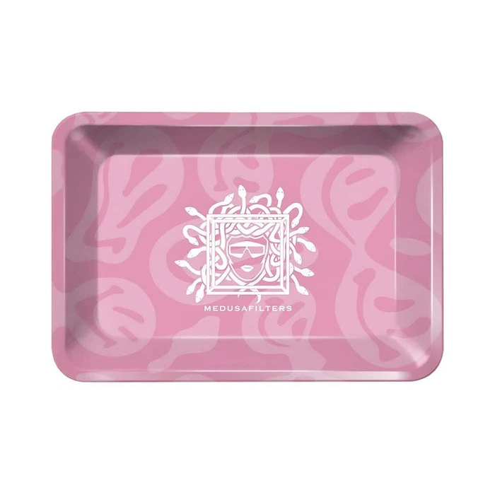 MedusaFilters Rolling Tray in Rosé mit weissem Medusa-Logo, Ansicht von oben