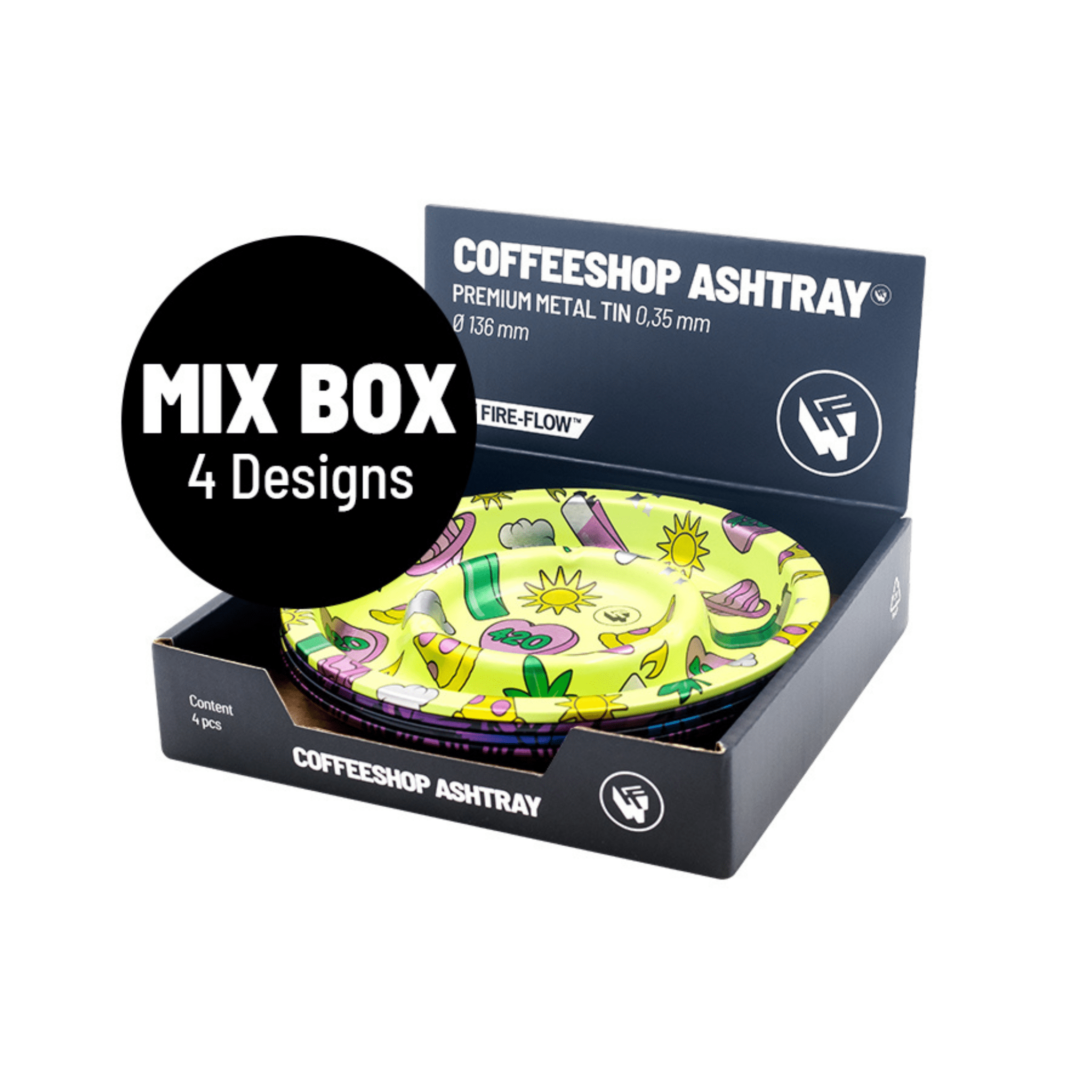 Display mit 4 Coffeeshop Metall-Aschenbechern Ø 136 mm