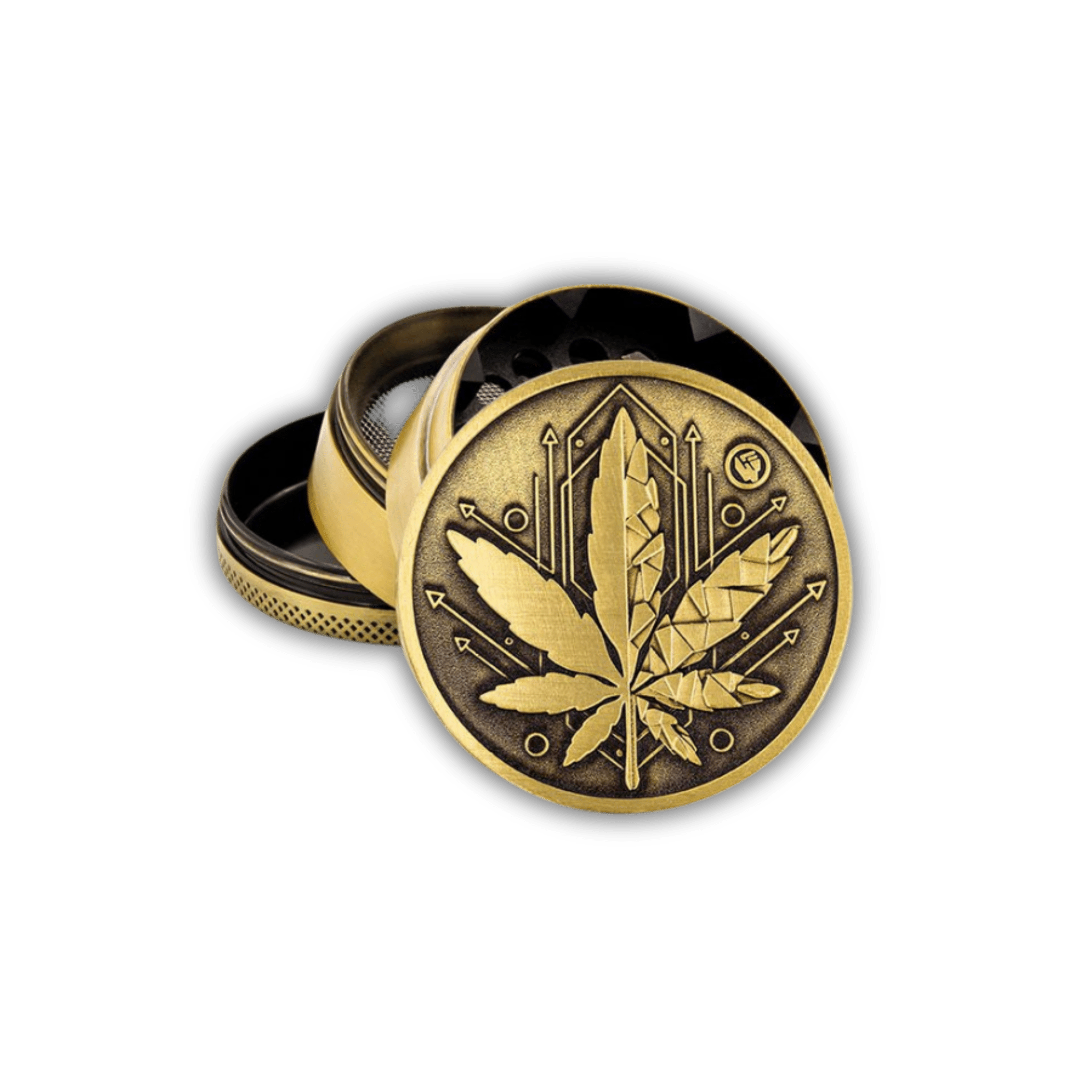 Metal Grinder - 50mm - 4 Layers - Gold - Geometrical Leaf kaufen bei rauchwerk.ch
