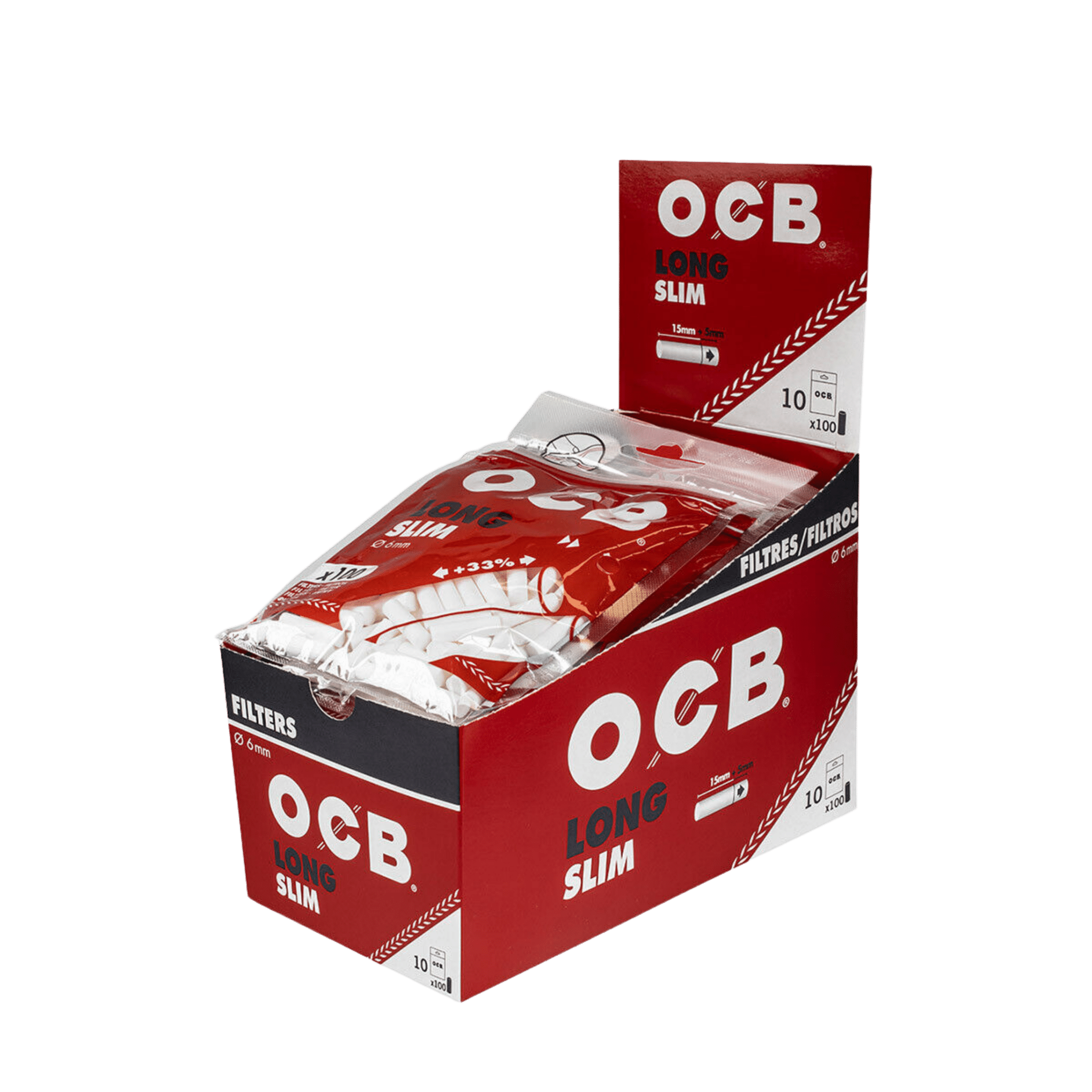 OCB Zigarettenfilter Slim Long 6mm in Verpackung für ein verbessertes Raucherlebnis. Hochwertige Filter für echten Genuss.