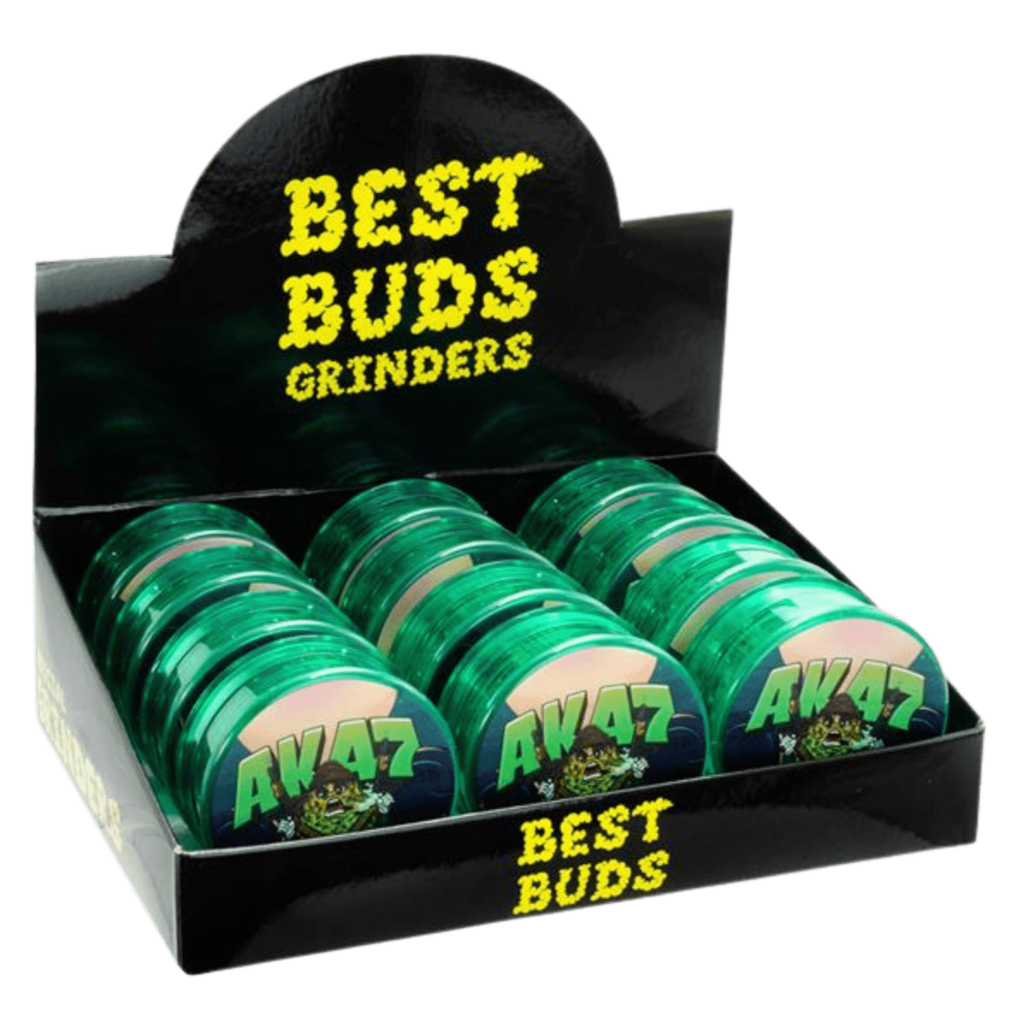 Display mit Plastik Grinder AK47 Buds, 12 Stück
