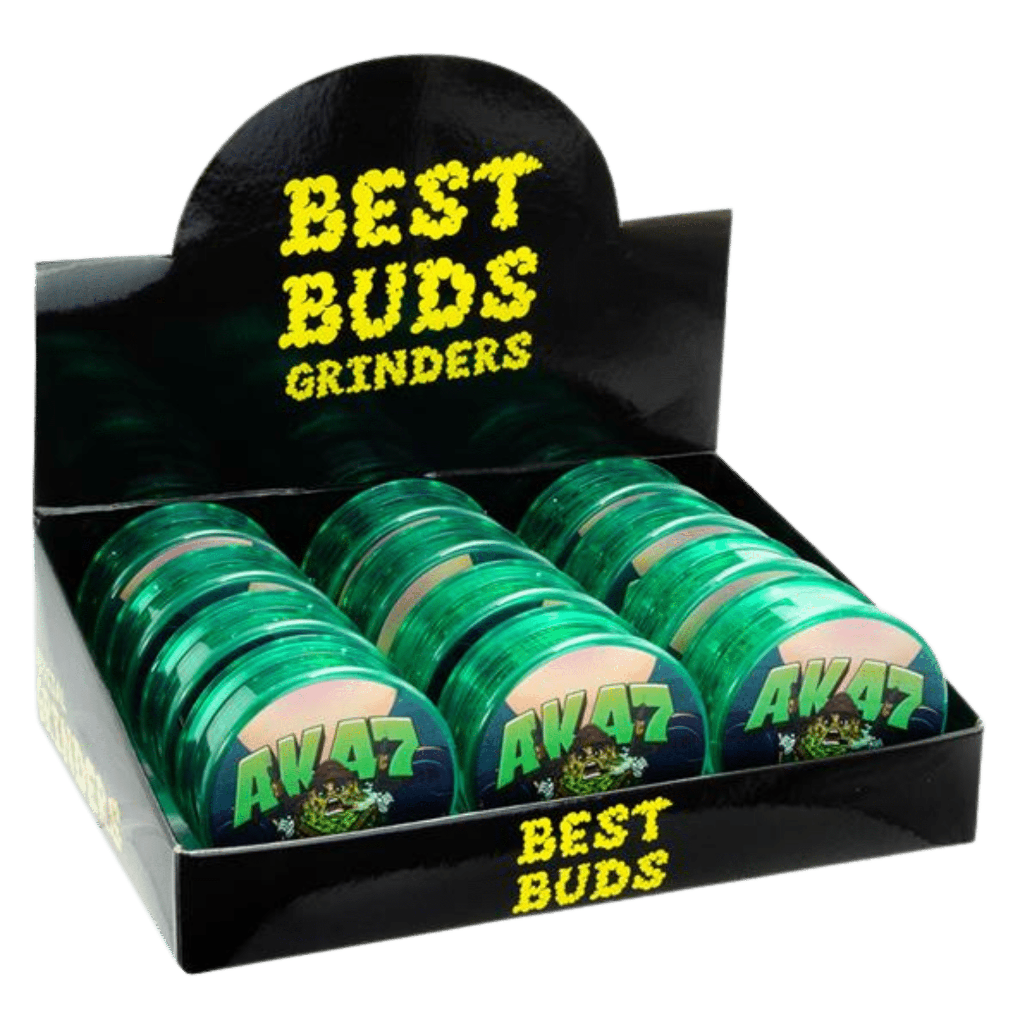 Display mit Plastik Grinder AK47 Buds, 12 Stück