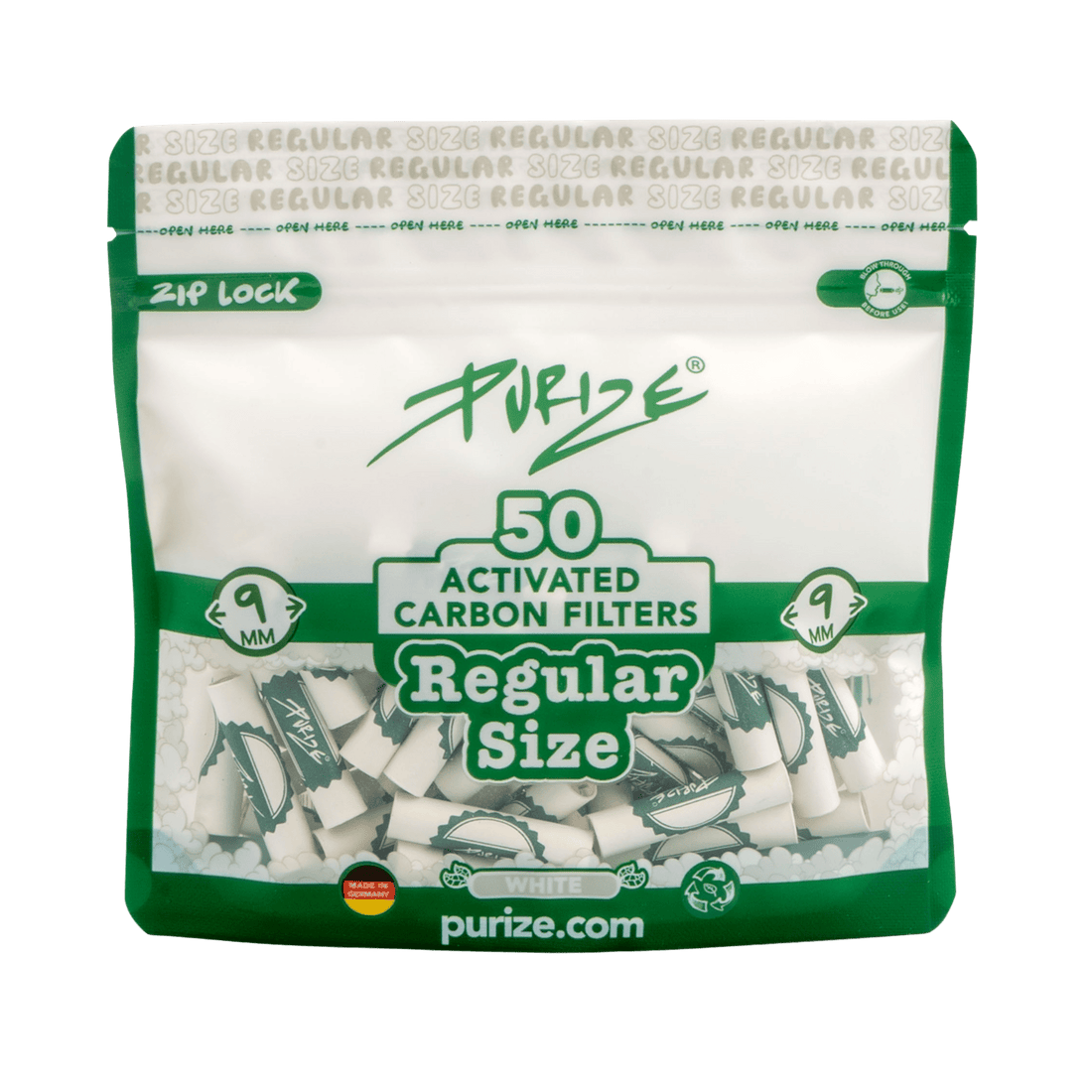 PURIZE Regular 9mm Aktivkohlefilter White 50 Stück Beutel