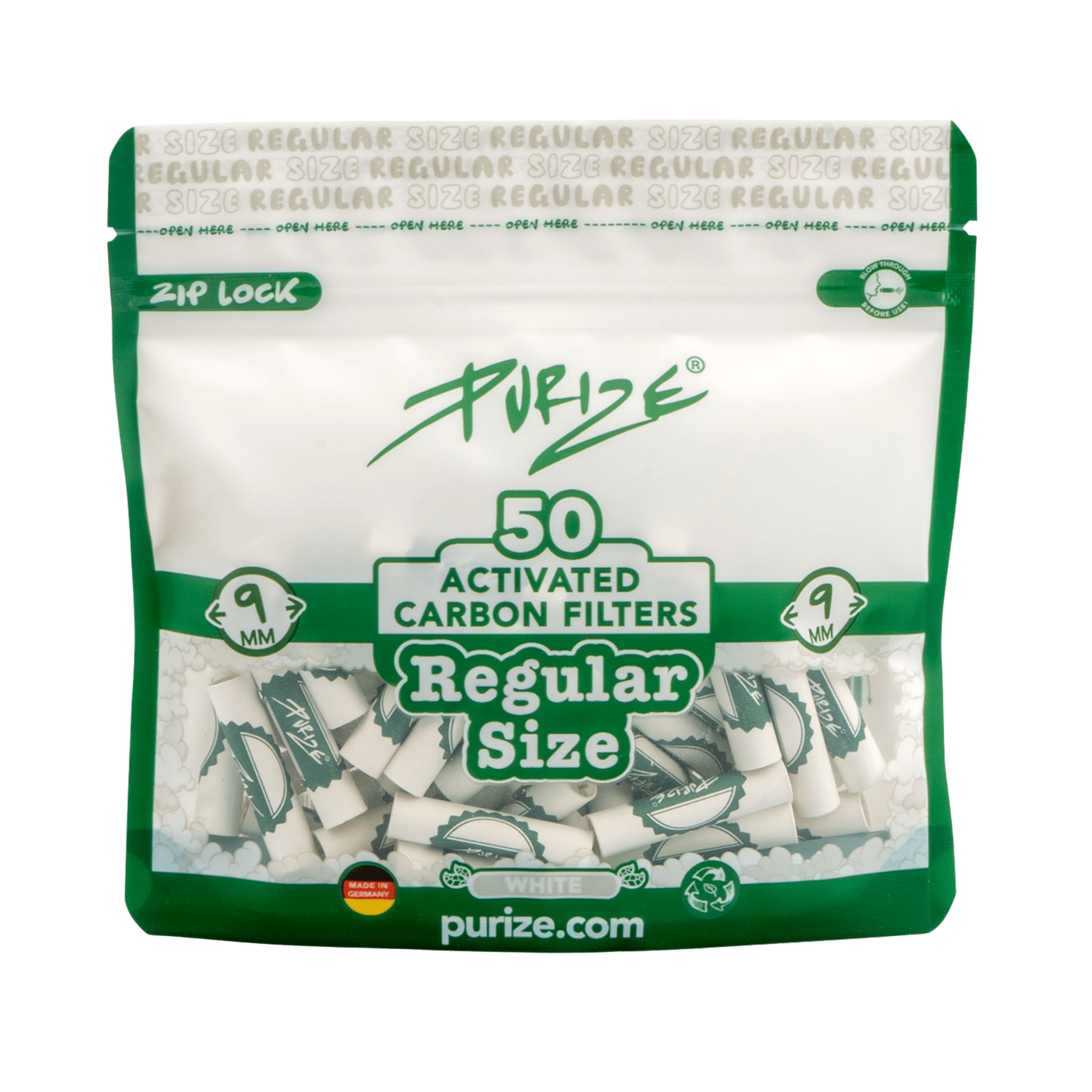 PURIZE Regular 9mm Aktivkohlefilter White 50 Stück Beutel