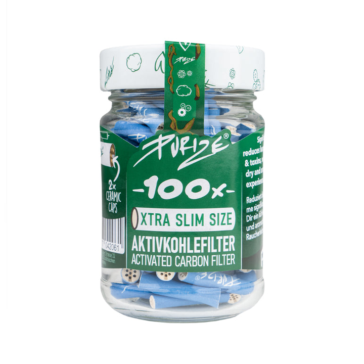 Purize Xtra Slim Aktivkohlefilter 6 mm in Blau im Glas, 100 Stück