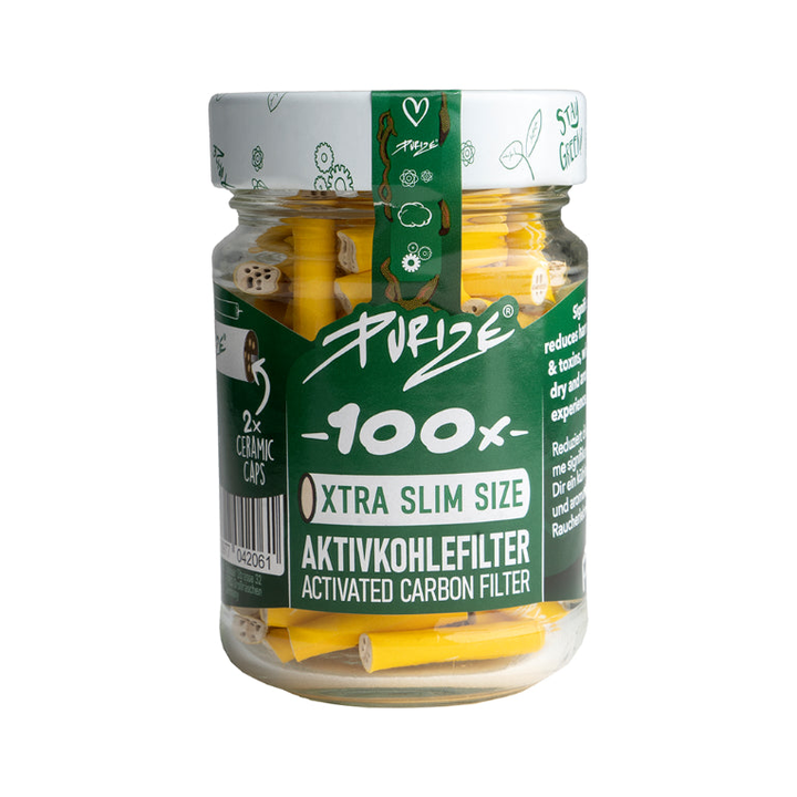 Purize Xtra Slim Aktivkohlefilter 6 mm in Gelb im Glas, 100 Stück