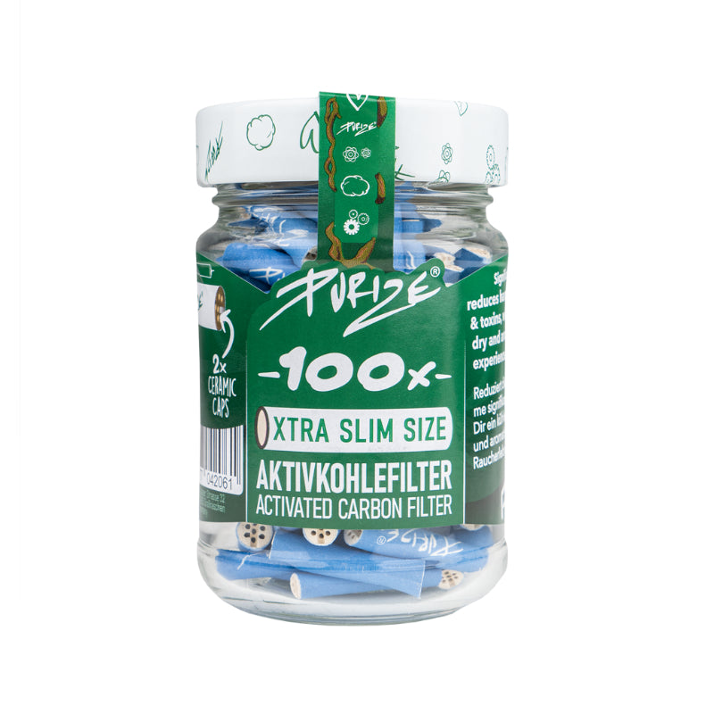 Purize Xtra Slim Aktivkohlefilter 6 mm in Blau im Glas, 100 Stück