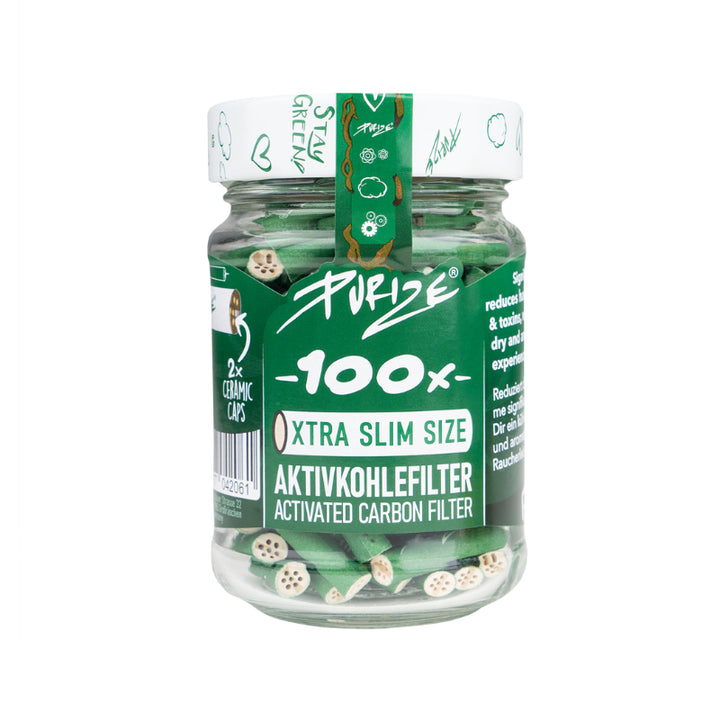Purize Xtra Slim Aktivkohlefilter 6 mm in Grün im Glas, 100 Stück
