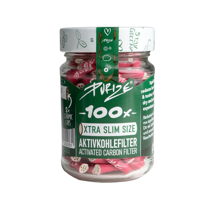 Purize Xtra Slim Aktivkohlefilter 6 mm in Pink im Glas, 100 Stück