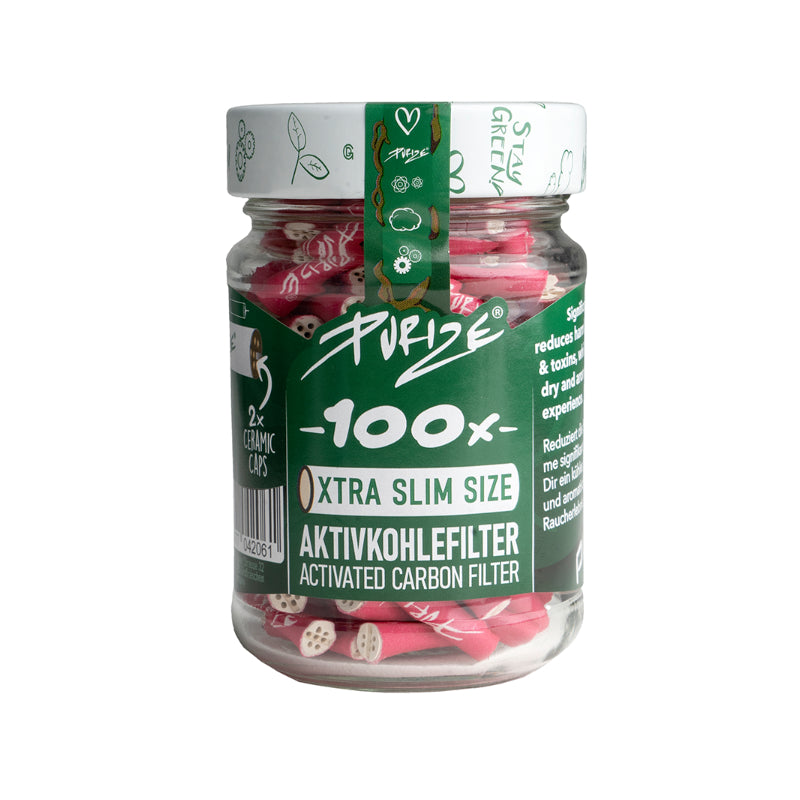 Purize Xtra Slim Aktivkohlefilter 6 mm in Pink im Glas, 100 Stück