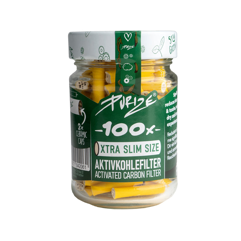 Purize Xtra Slim Aktivkohlefilter 6 mm in Gelb im Glas, 100 Stück