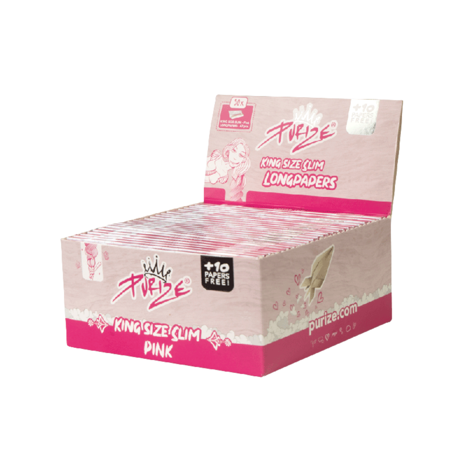 Offenes Display der PURIZE Pink Papers mit 50 Packungen