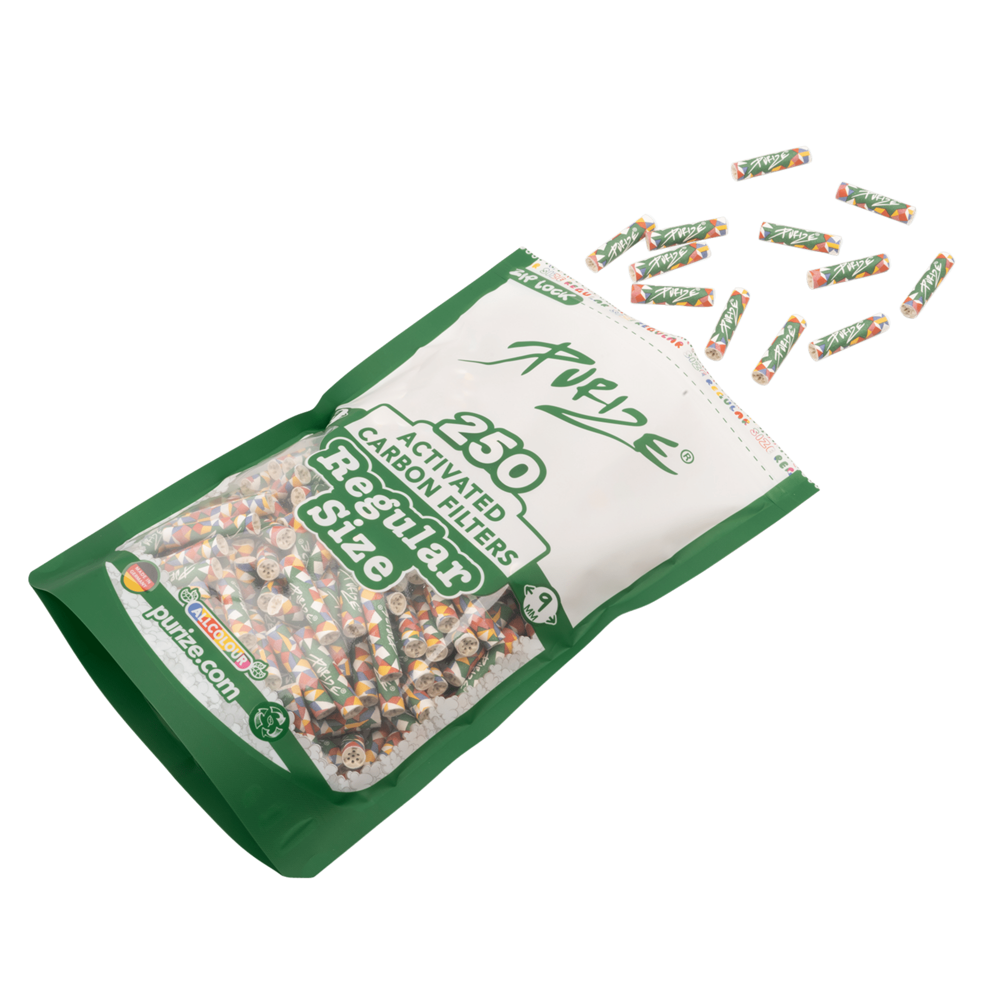 Nahaufnahme PURIZE Regular 9mm Allcolor Aktivkohlefilter Farbmix