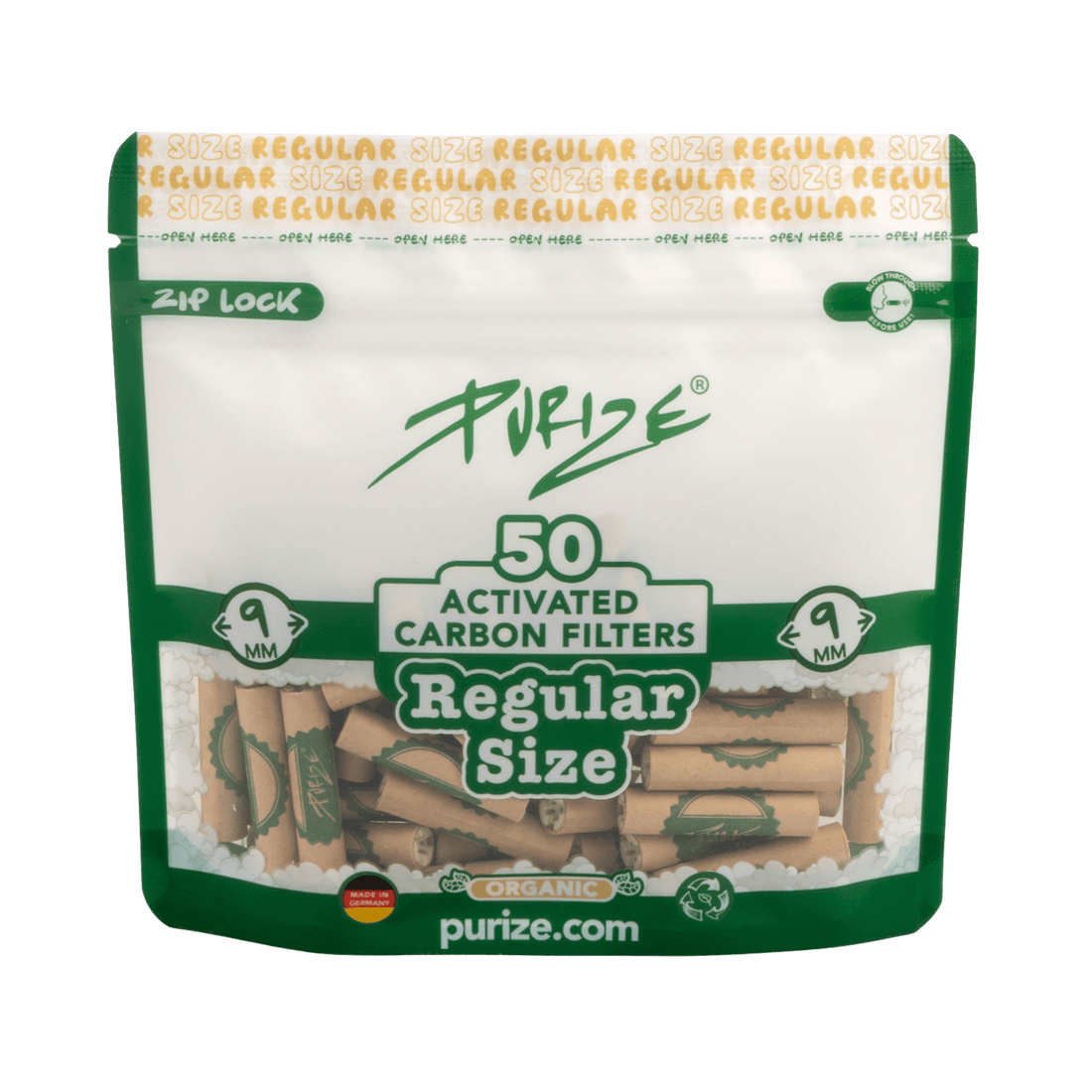 PURIZE Regular 9mm Organic Aktivkohlefilter 50 Stück Beutel