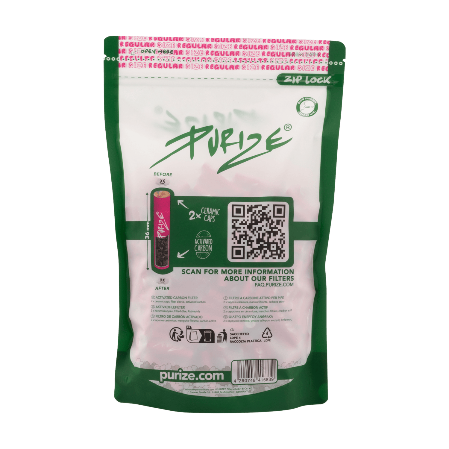 Rückseite PURIZE Regular 9mm Aktivkohlefilter Pink 250 Stück Beutel