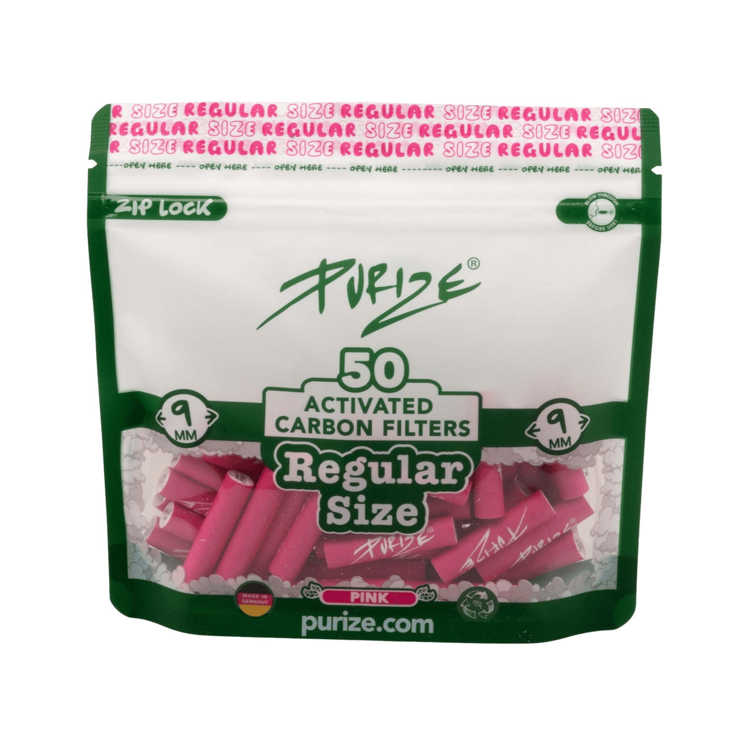 PURIZE Regular 9mm Aktivkohlefilter Pink 50 Stück Beutel